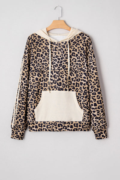 Women's Leopard Print Waffle Knit Hoodie with Kangaroo Pocket