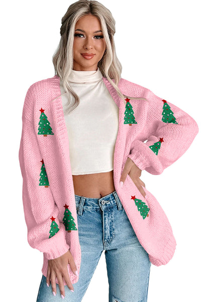 Cozy Light Pink Pumpkin Print Midi Cardigan for Women - Open Front, Drop Shoulder Style Perfect for Fall Fashion
