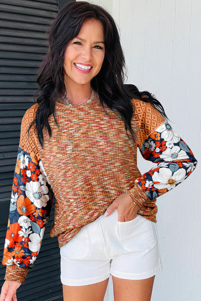 Stylish Women's Orange Heathered Knit Long Sleeve Blouse with Floral Lace Patchwork - Comfortable Everyday Top
