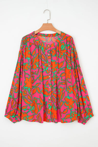 Women's Floral Viscose Button-Up Blouse with Balloon Sleeves