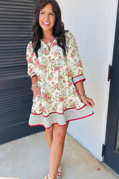Women's Floral Apricot Striped Puff Dress with 3/4 Sleeves Chic and Comfortable for Spring and Summer Adventures