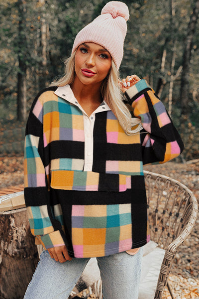 Women's Cozy Black Plaid Sweatshirt with Half Button Collar and Pockets - Casual Style for Everyday Comfort