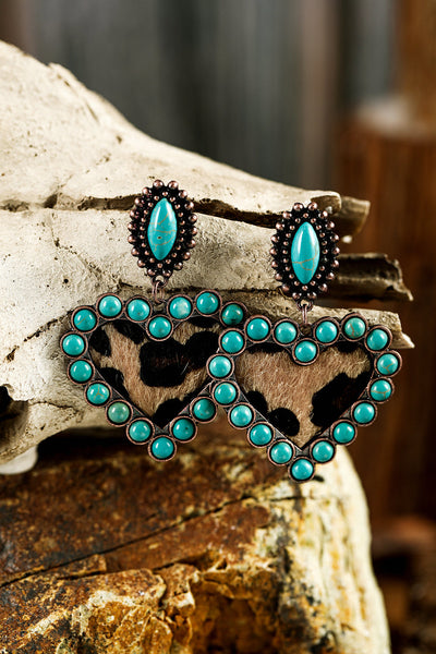 women's turquoise and leopard heart dangle western earrings made for easy styling and wardrobe coordination, with premium-like structure and finish.