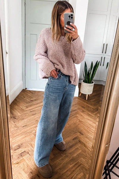 Cozy Women's Dusty Pink Fuzzy Knit Sweater | Loose Fit Round Neck Pullover with Drop Shoulders for Casual Chic Style