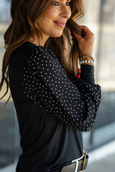 Elegant Women's Black Polka Dot Chiffon Blouse - Long Sleeve, Round Neck, Trendy Patchwork Design for Effortless Style