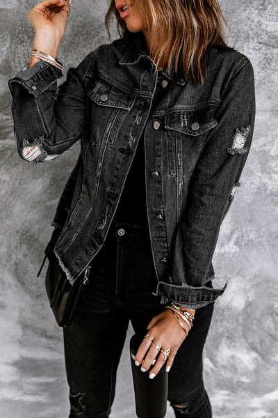 Women's Black Distressed Denim Jacket with Raw Hem and Lapel