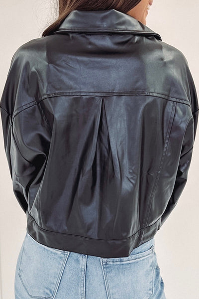 Chic Women's Black Faux Leather Jacket with Snap Buttons, Collared Design, and Trendy Patched Pockets
