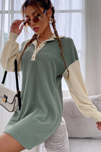 Trendy Women's Long Sleeve Green Bay Color Block Mini Dress with Lattice Texture and Button Collar for Chic Style