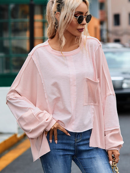 Pink Retro Chic Oversized Top with Exposed Seams