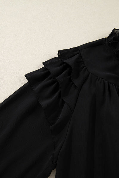 Chic Plus Size Women's Black Chiffon Top with Ruffle Balloon Sleeves Stylish, Comfortable, Perfect for Any Occasion