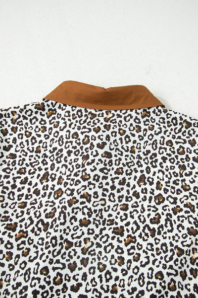 Plus Size Women's Trendy Khaki Leopard Print Mini Dress with Puff Sleeves and Button V-Neck for a Comfortable Fit