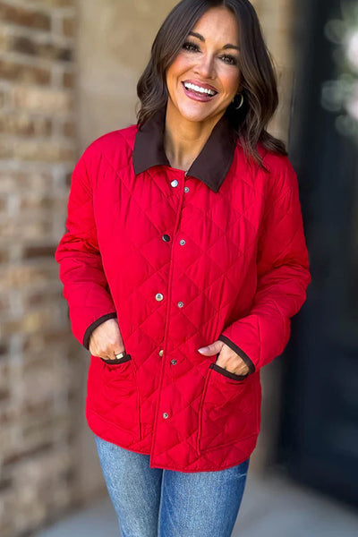 Cozy Women's Racing Red Quilted Color Block Winter Jacket with Snap Buttons and Pockets for Effortless Style