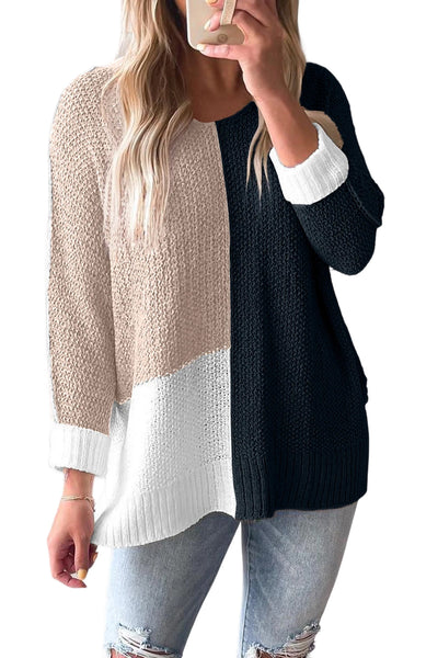Cozy Women's Black Color Block V-Neck Knit Sweater - Relaxed Fit for Effortless Casual Chic Look