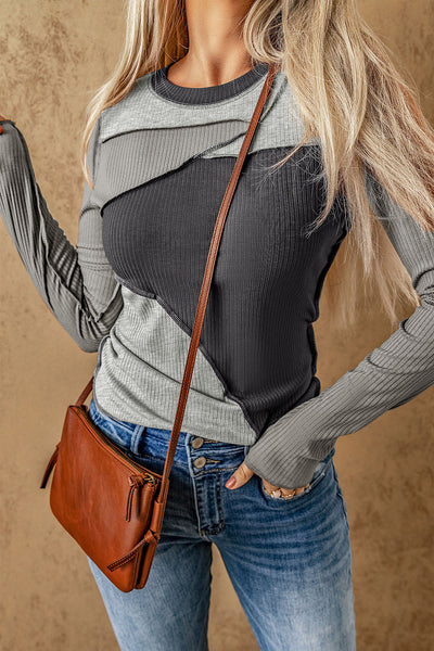 Trendy Women's Gray Color Block Ribbed Knit Top with Exposed Seams for a Comfortable and Chic Everyday Look