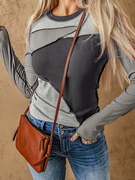 Charcoal Contrast Stitch Detail Ribbed Knit Sweater