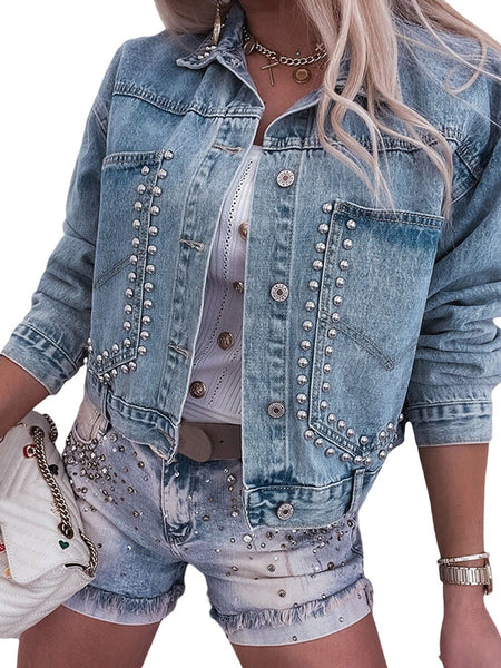 Women's Sky Blue Rhinestone Embellished Denim Shacket