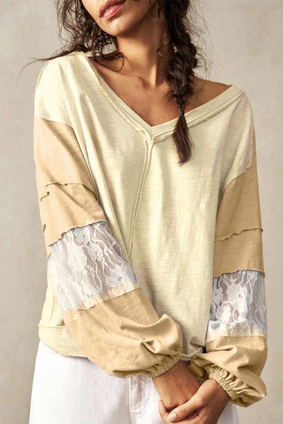 Women's Relaxed Fit Yellow and Cream Color Block V-Neck Top with Lace Patchwork Details and Exposed Seams