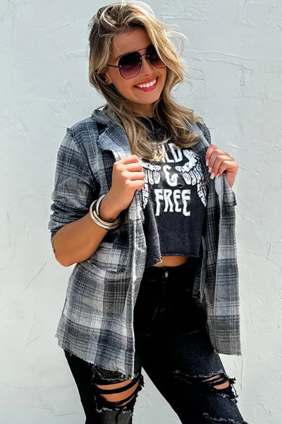 Chic Women's Gray Plaid Shacket with Raw Edges - Versatile Open Front Jacket for Effortless Casual Style
