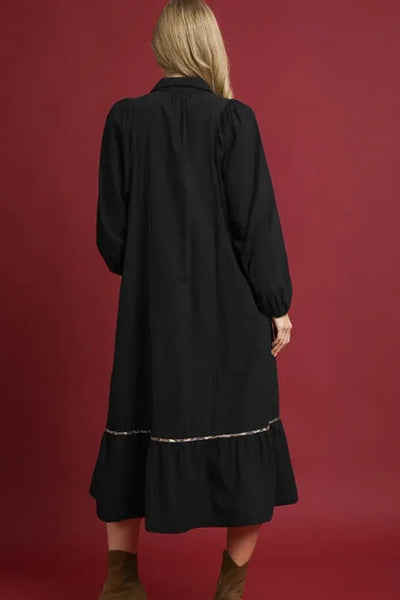 Elegant Women's Black V-Neck Maxi Dress with Smocked Detail, Leopard Trim, and Stylish Bracelet Sleeves