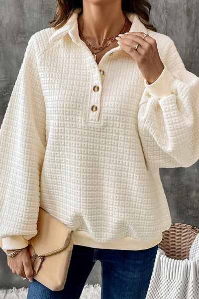 women's beige pineapple texture half-button pullover with puff sleeves made for easy styling and wardrobe coordination, with premium-like structure