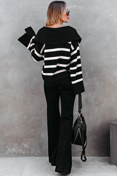 Women's Striped V-Neck Viscose Blend Slit Sleeve Sweater