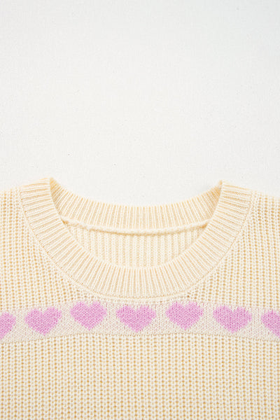 Women's Lavender Heart Ribbed Knit Sweater in Cream
