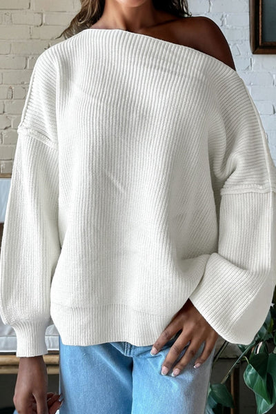 Women's Off-Shoulder Ribbed Knit Oversized Sweater in Ivory