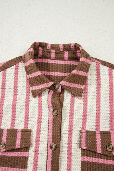 Trendy Women's Multicolor Striped Knit Shacket with Contrast Patchwork, Button Pockets, and Stylish Raw Hem
