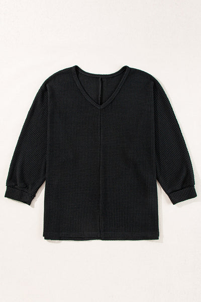 Women's Black Waffle Knit V-Neck Top with Side Slits - Relaxed Fit Casual Tee for Effortless Everyday Style