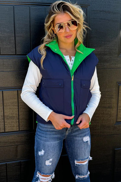 Women's Cozy Green Color Block Zip-Up Winter Vest with Snap Buttons - Stylish Layering Essential for Cold Weather