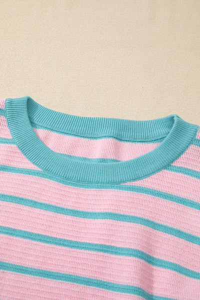 Cozy Women's Pink Striped Loose Sweater with Drop Shoulders & Round Neck - Effortless Casual Knit Top for Relaxed Style