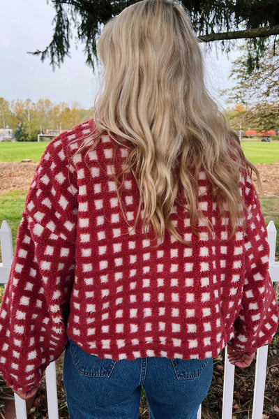 Cozy Women's Red Plaid Zip-Up Winter Coat - Plush Fabric for Warmth & Stylish Cold Weather Comfort