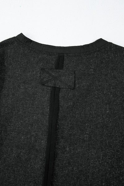 Chic Women's Black Acid Wash Waffle Knit Long Sleeve Top with Buttoned Neckline for Effortless Casual Style
