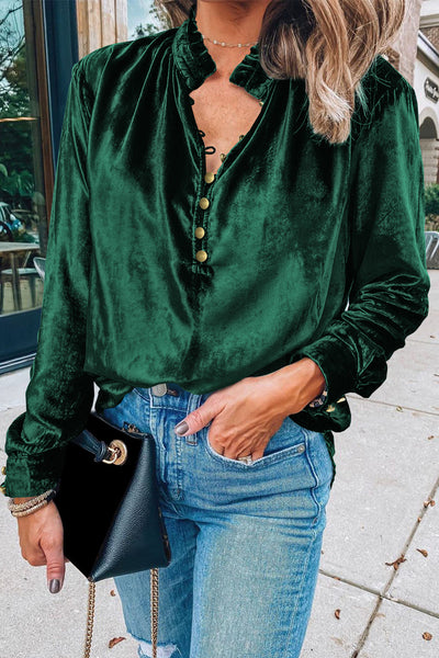 Elegant Forest Green Velvet Frilled Stand Collar Top
