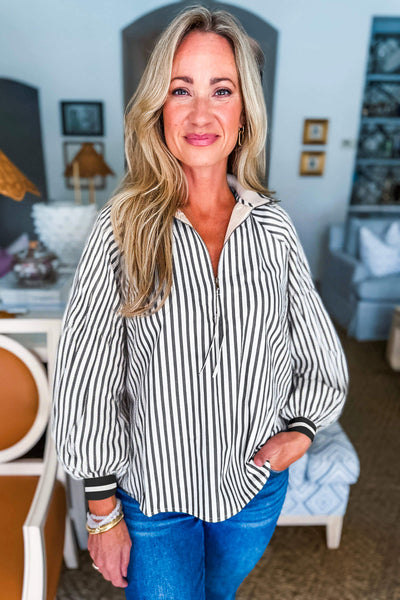 Stylish Women's Black Striped Tie Blouse with Contrast Trim & Long Puff Sleeves for Effortless Everyday Elegance