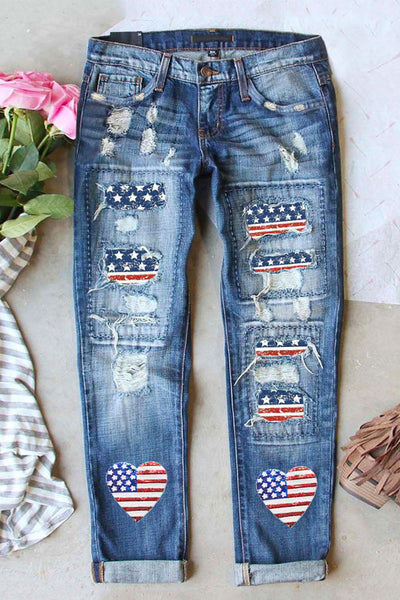 Women's Sky Blue Heart Flag Patch Frayed Jeans with American Flair