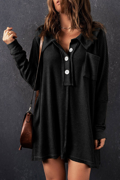 Casual Chic Women's Black Waffle Knit Long Sleeve Button-Up Top for Cozy Everyday Comfort and Effortless Style