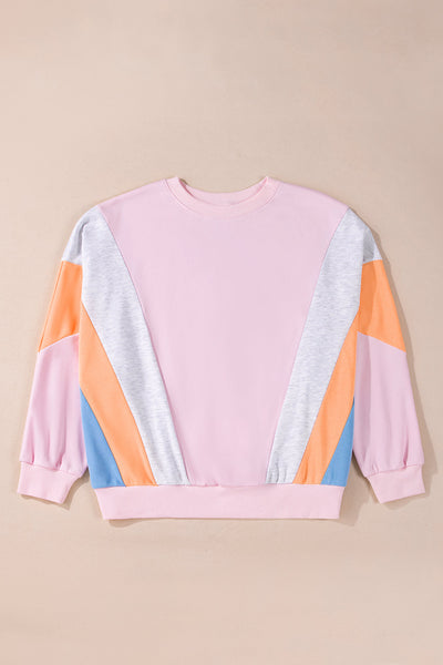 Cozy Light Pink Color Block Batwing Sleeve Sweatshirt for Women - Loose Fit Casual Style Perfect for Everyday Wear