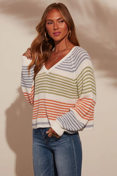 Cozy Women's Multicolor Striped V-Neck Sweater with Raglan Sleeves Trendy Knitwear for Effortless Casual Style