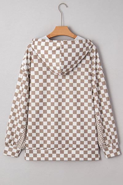 Stylish Women's Khaki Oversized Hoodie with Checkered Patchwork & Tie Neck for Effortless Casual Chic