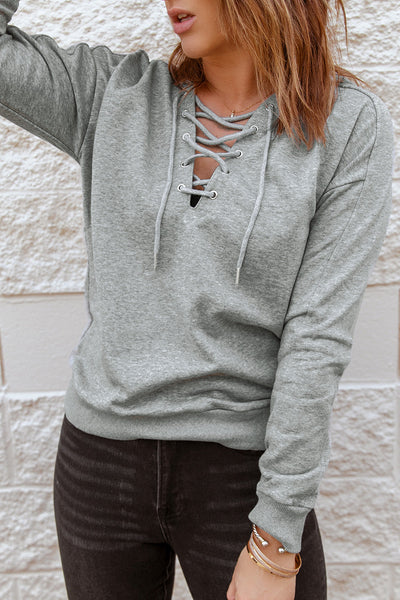Stylish Women's Grey Lace-Up Hoodie - Comfortable Casual Pullover with Adjustable Fit for Everyday Fashion