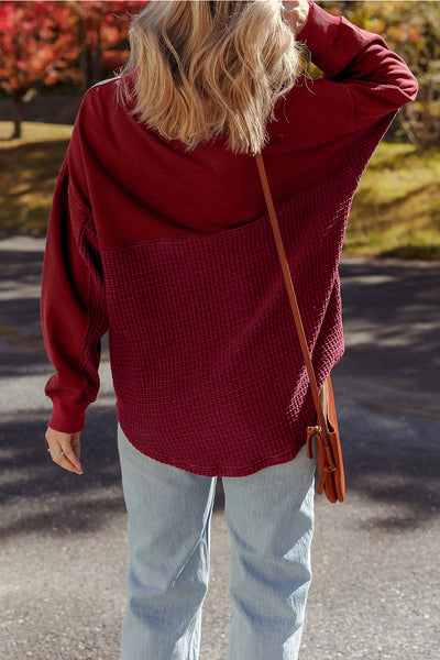 Cozy Women's Red Dahlia Waffle Knit Half-Zip Sweatshirt with Patchwork Design for Casual Everyday Wear