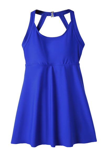 Blue Halterneck Skirted One Piece Swimsuit with Strappy Detail