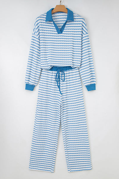 Women's Coastal Stripe V-Neck Polo Pullover and Wide-Leg Pant Set with practical styling and dependable silhouette control.