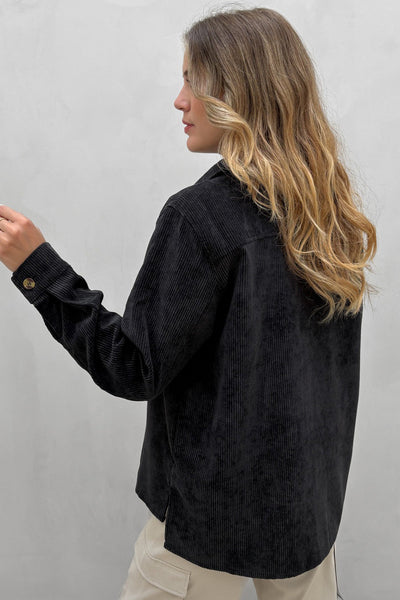 Chic Women's Black Corduroy Shacket with Button Flap Pockets - Perfect Layer for Effortless Casual Style