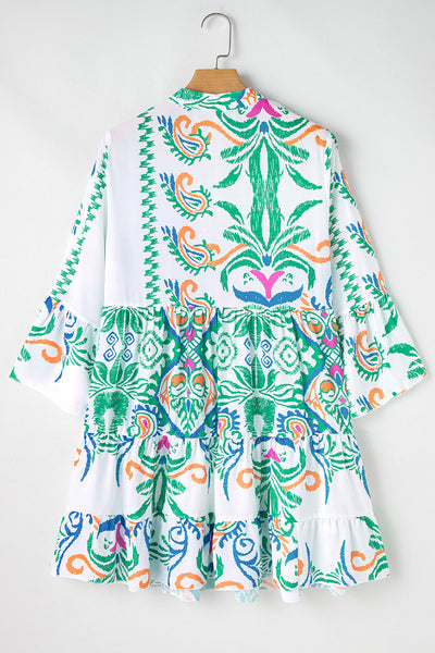 Women's Boho Chic Green Tribal Print Mini Dress with Button Details & Bracelet Sleeves - Perfect for Summer Outings