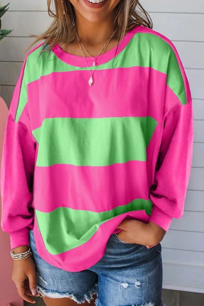 Women's Casual Chic Light Green Colorblock Striped Loose Fit Drop Shoulder Top - Effortless Style for Everyday Wear