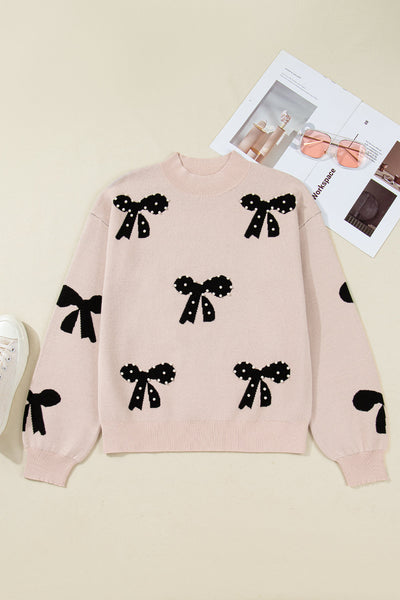 Women's Pearl-Studded Bow Intarsia Knit Sweater in Champagne