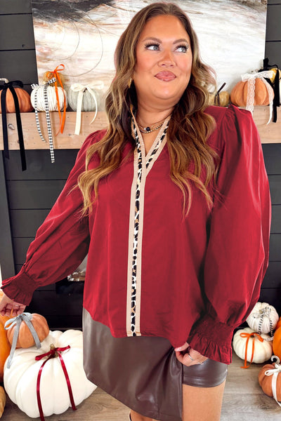 Plus Size Women's V-Neck Racing Red Blouse with Leopard Trim and Long Puff Sleeves Chic & Comfortable Fashion Top