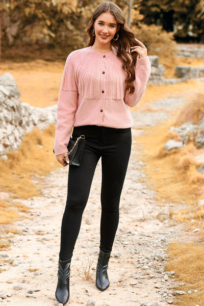Women's Light Pink Cable-Yoke Cardigan with Wooden Buttons